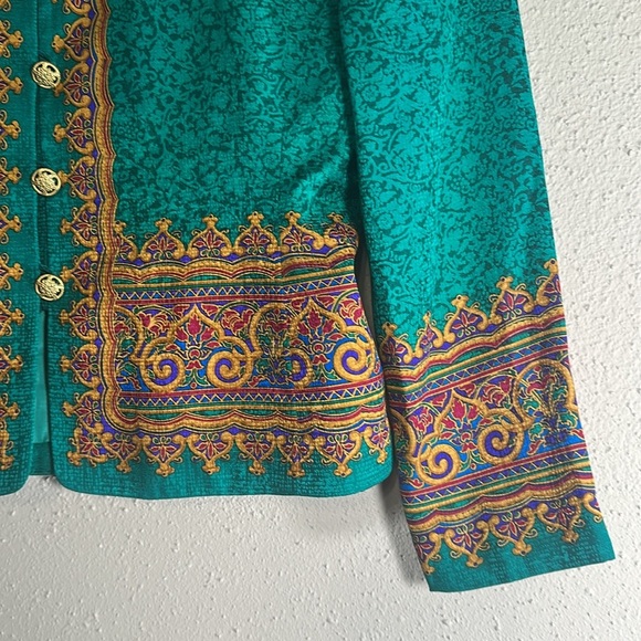 Vintage Papéll Petites Green Gold Chain Silk Blouse Size 4P 4 Petite Elegant - Picture 6 of 16